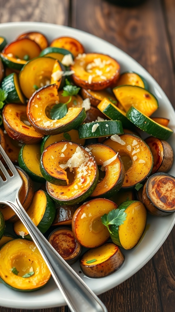 A colorful plate of roasted zucchini and yellow squash garnished with herbs and Parmesan cheese.